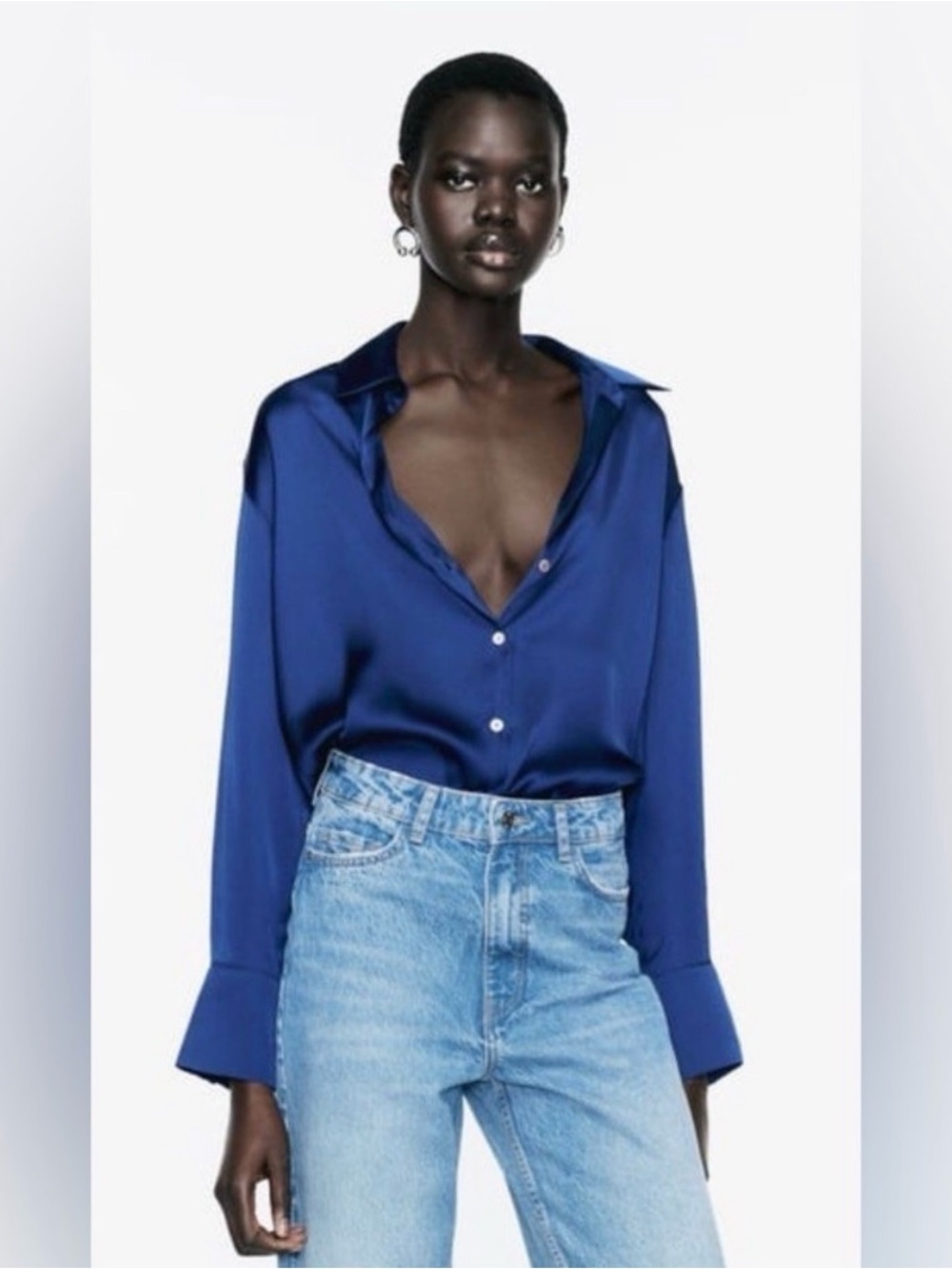 Zara Satin Button-Down Shirt in Deep Blue